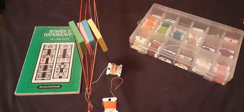 Several colorful blocks with string running through them.