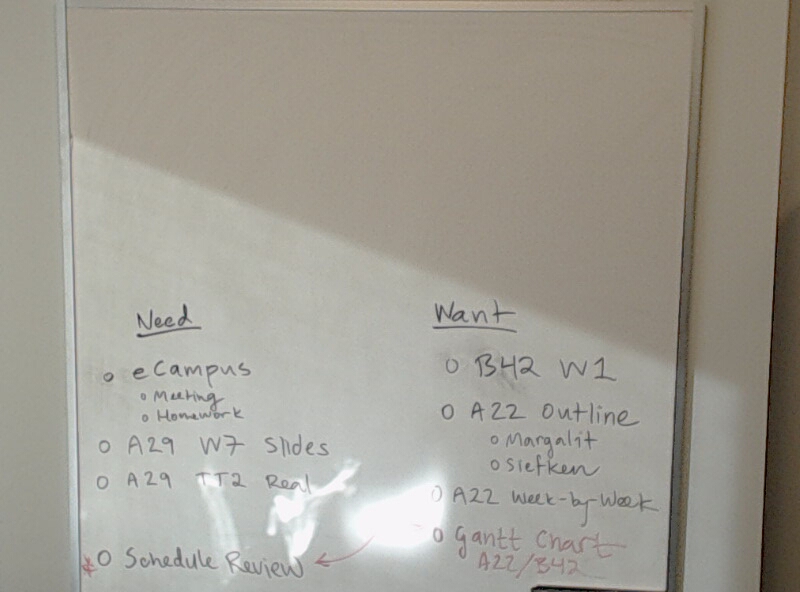 A photo of a whiteboard titled: Todo List for Week of 2021/10/19