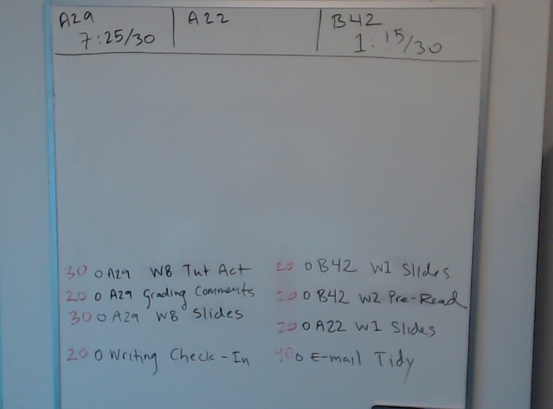 A photo of a whiteboard titled: Todo List for Week of 2021/10/26 with Times