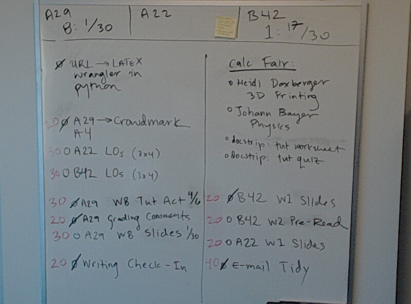 A photo of a whiteboard titled: Updated Todo List for Week of 2021/10/26 with Times