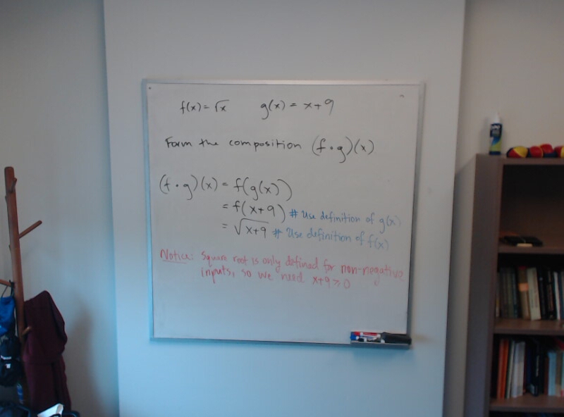 A photo of a whiteboard titled: Composition of sqrt(x) and x+9