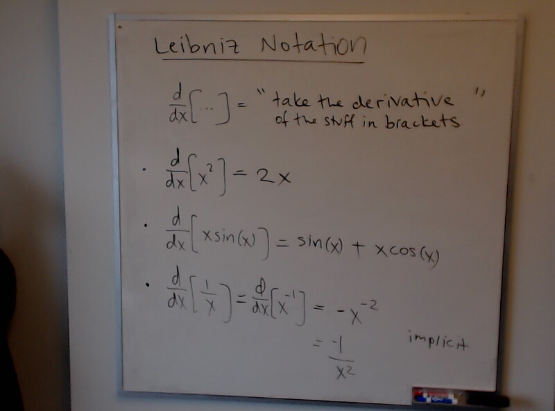 A photo of a whiteboard titled: Leibniz Notation (Part 1)