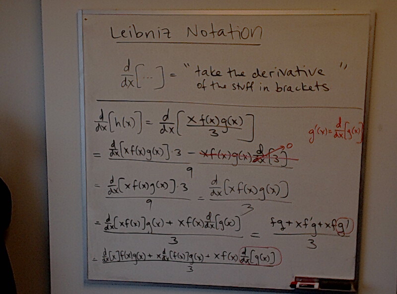 A photo of a whiteboard titled: Leibniz Notation (Part 3)