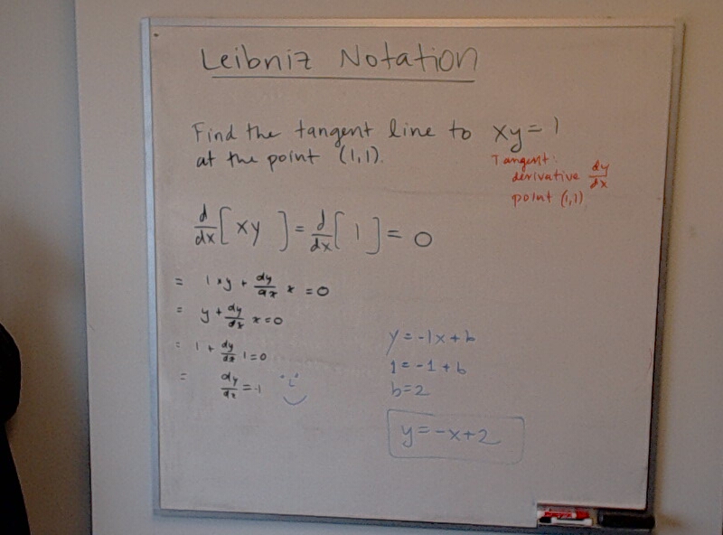 A photo of a whiteboard titled: Leibniz Notation (Part 5)