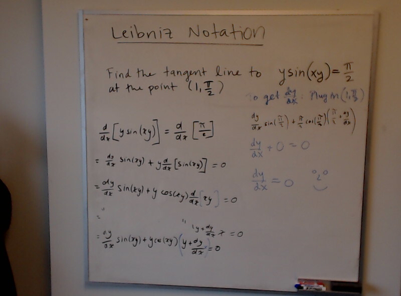 A photo of a whiteboard titled: Leibniz Notation (Part 6)