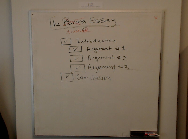 A photo of a whiteboard titled: The (Boring) Structured Essay