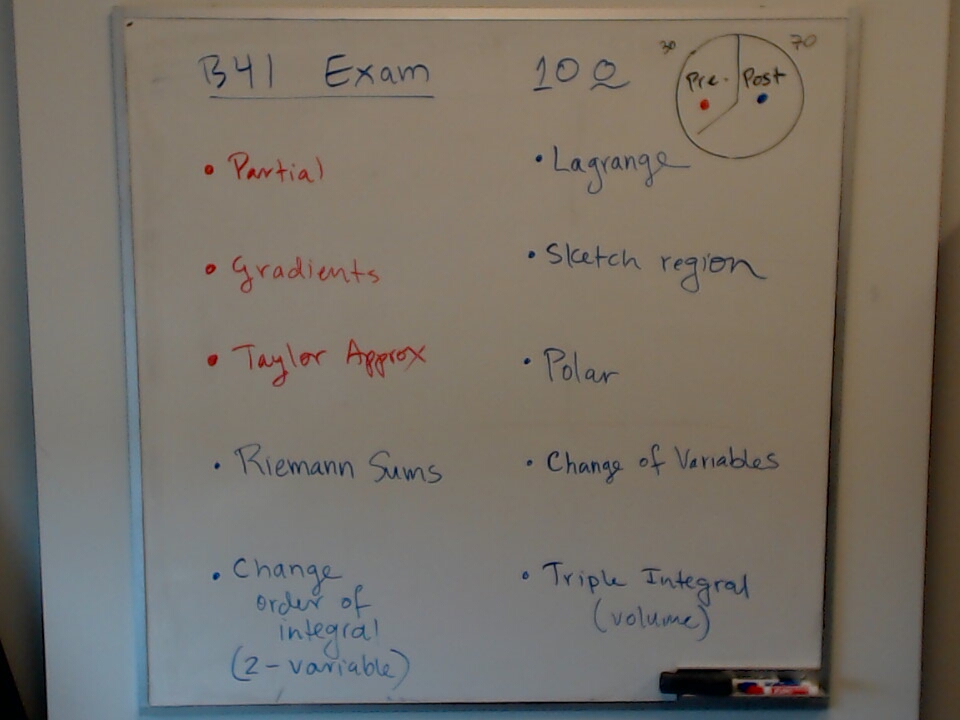 A photo of a whiteboard titled: MAT B41 Exam Coverage (Draft)
