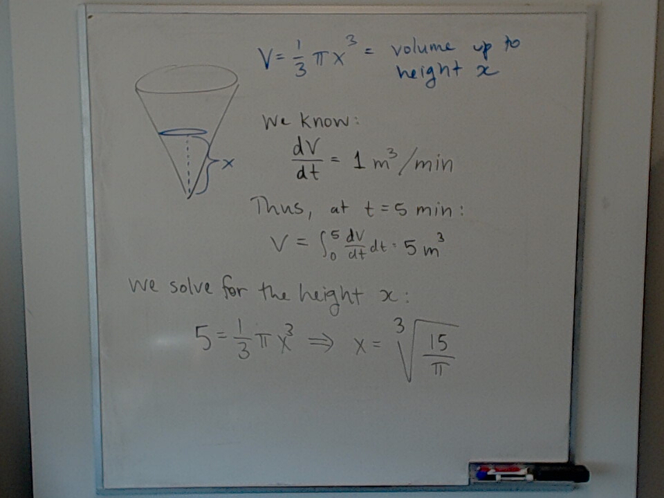 A photo of a whiteboard titled: Volume in Conical Tank at t = 5 min