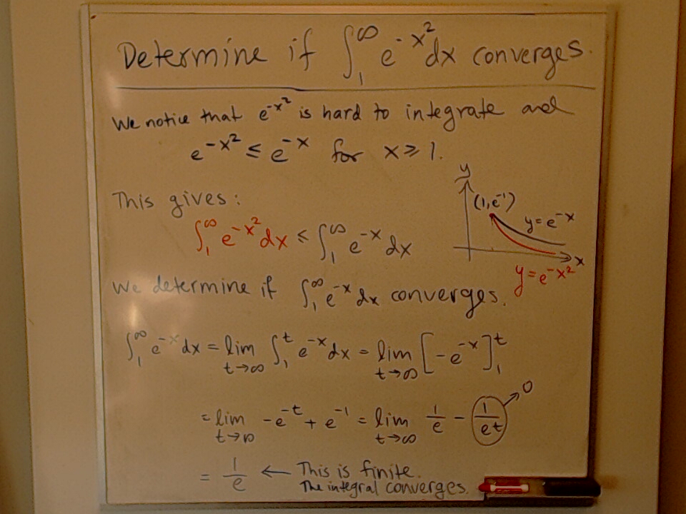 A photo of a whiteboard titled: Does the integral of e^{-x^2} from x=1 to x=infty converge?