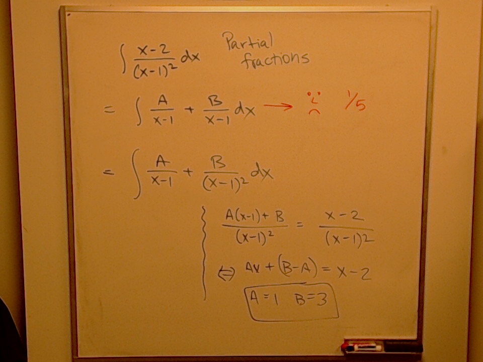 A photo of a whiteboard titled: Partial fractions with repeated factor