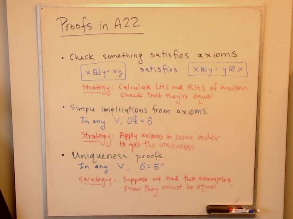 A photo of a whiteboard titled: A22: Proofs in A22 (Part 1)