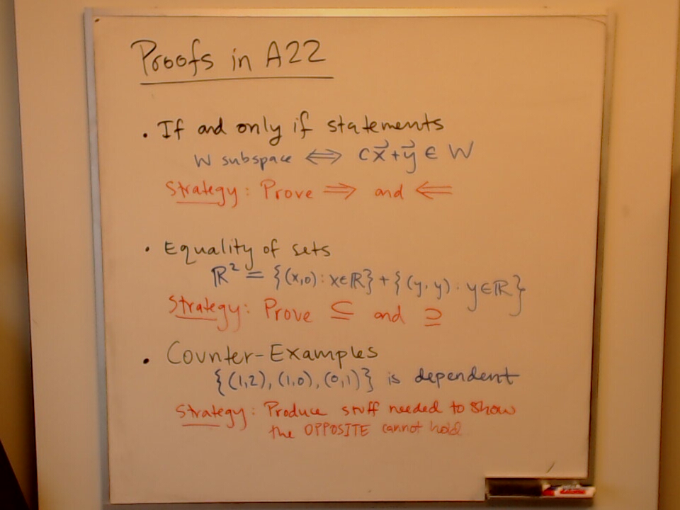 A photo of a whiteboard titled: A22: Proofs in A22 (Part 2)