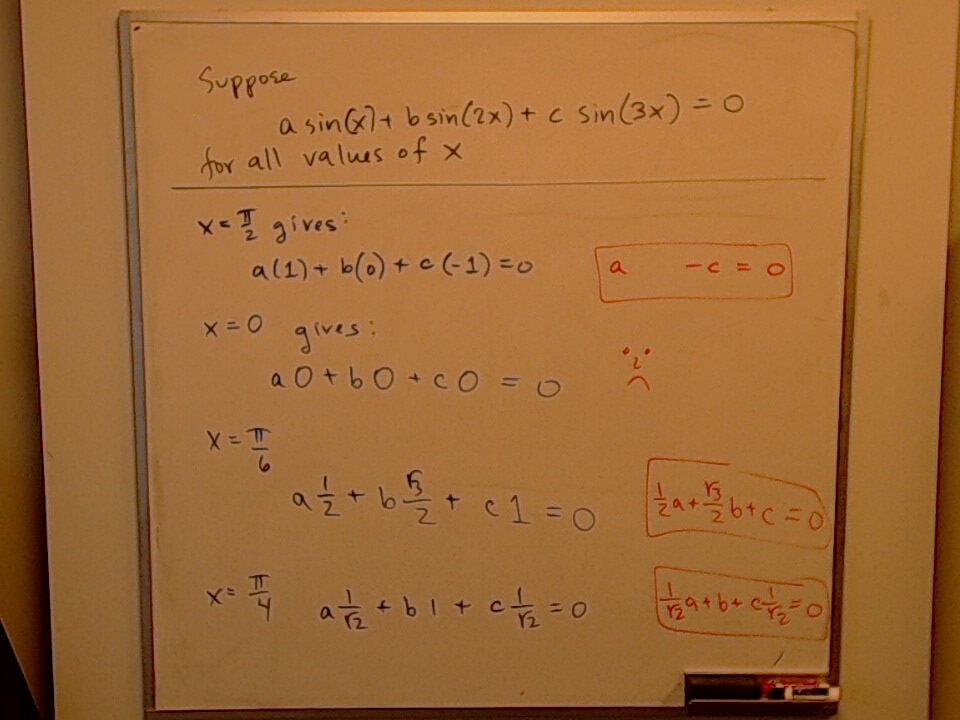A photo of a whiteboard titled: Practice Quiz \#1 Q2 : sin(x), sin(2x), sin(3x)