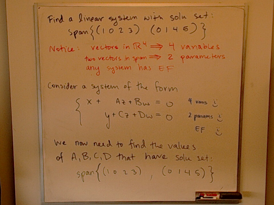 A photo of a whiteboard titled: A System with a Particular Solution Set
