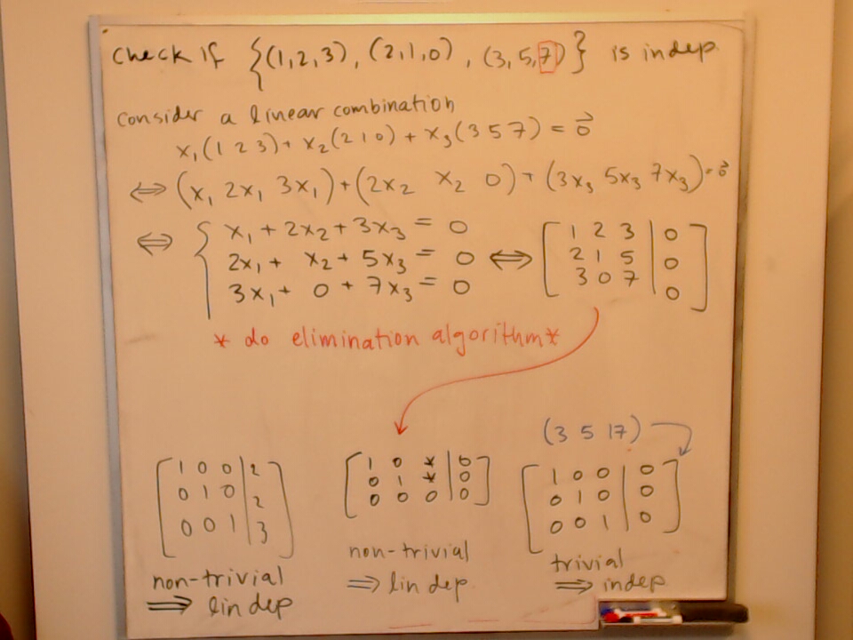 A photo of a whiteboard titled: Linear Independence Calculation