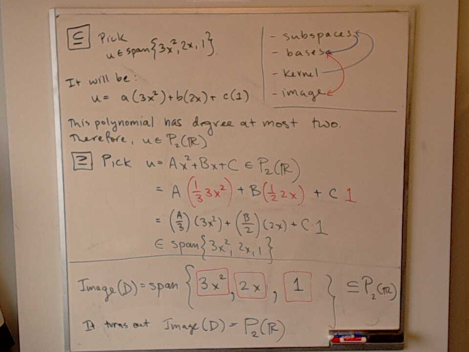 A photo of a whiteboard titled: Subspaces / Image / Kernel / Bases (Part 4)