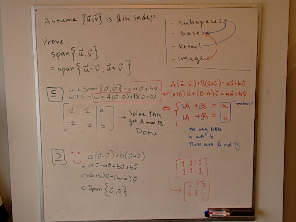 A photo of a whiteboard titled: Subspaces / Image / Kernel / Bases (Part 5)
