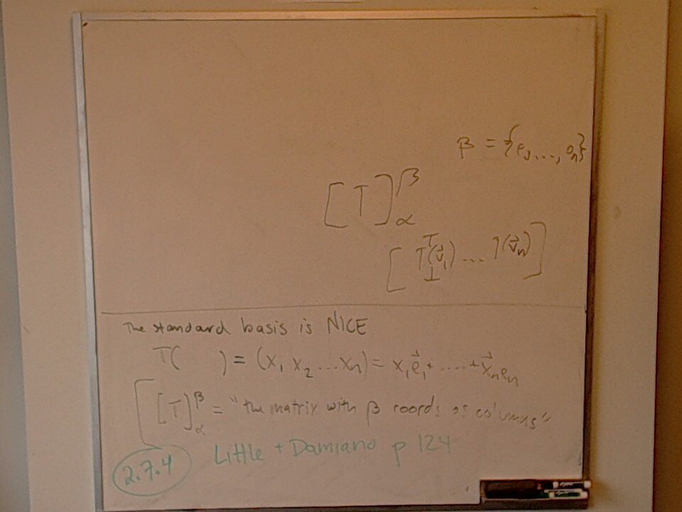 A photo of a whiteboard titled: Changing Coords TO the Standard Basis