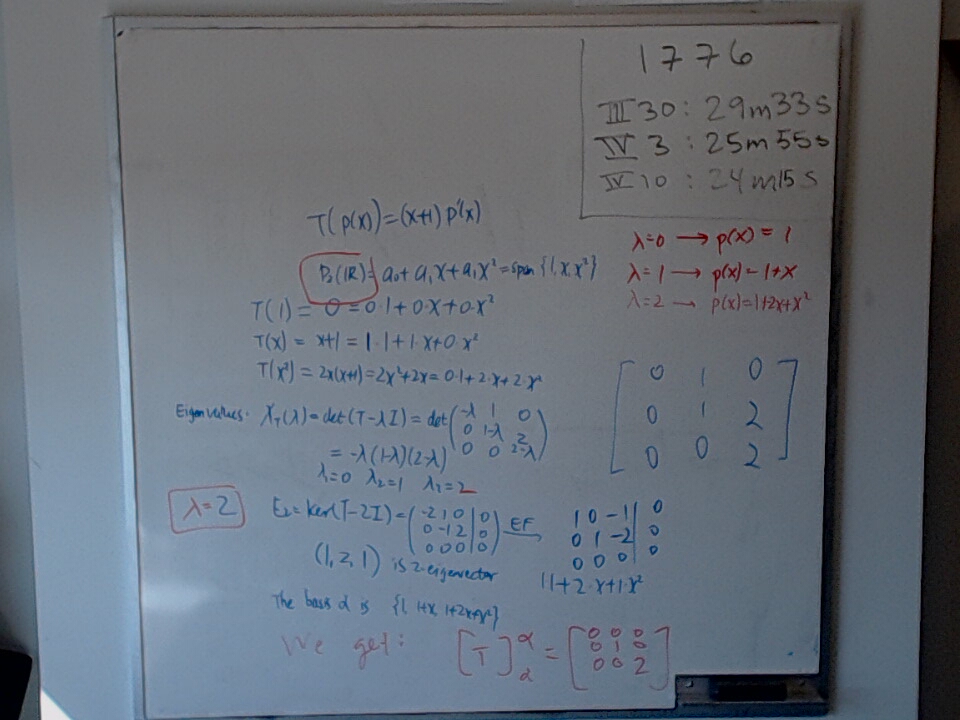 A photo of a whiteboard titled: Diagonalize T(p(x)) = (x+1)p’(x) Part 2