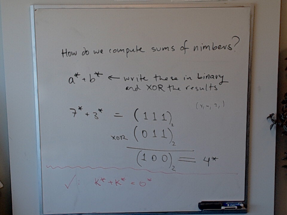 A photo of a whiteboard titled: Adding Nimbers