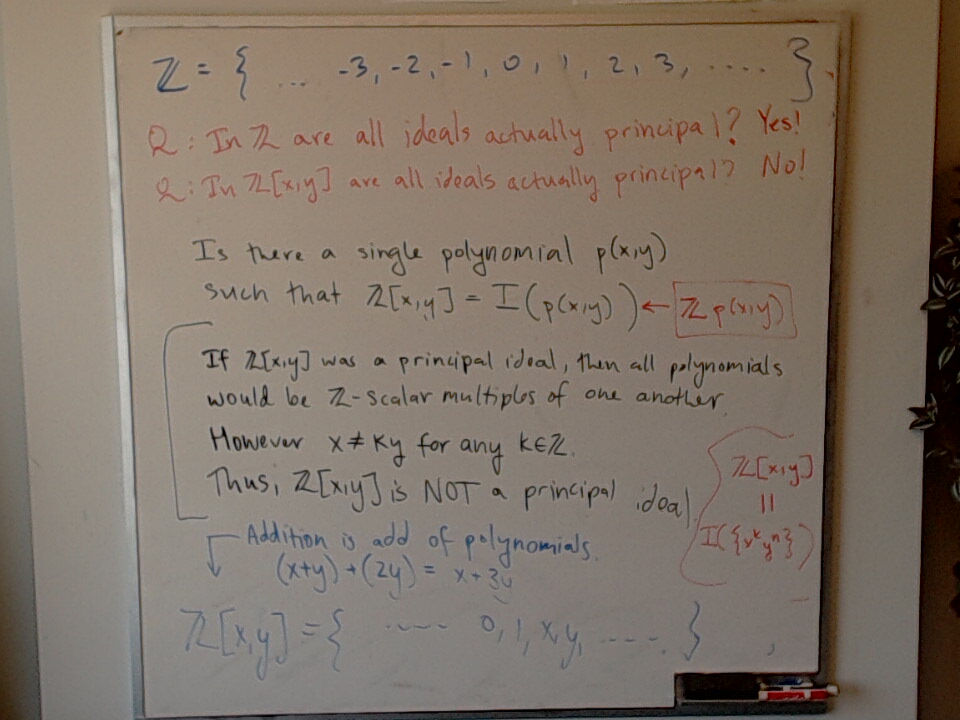 A photo of a whiteboard titled: Ideals and Principal Ideals: Are all ideals in Z[x,y] actually principal?