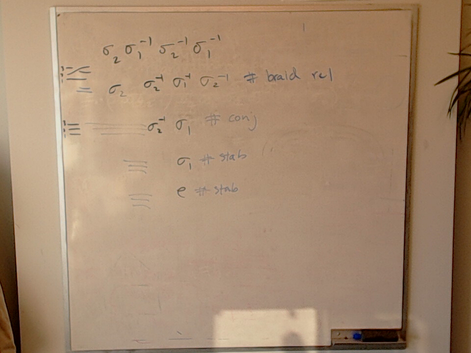 A photo of a whiteboard titled: Yulong’s Braid Word Reduction