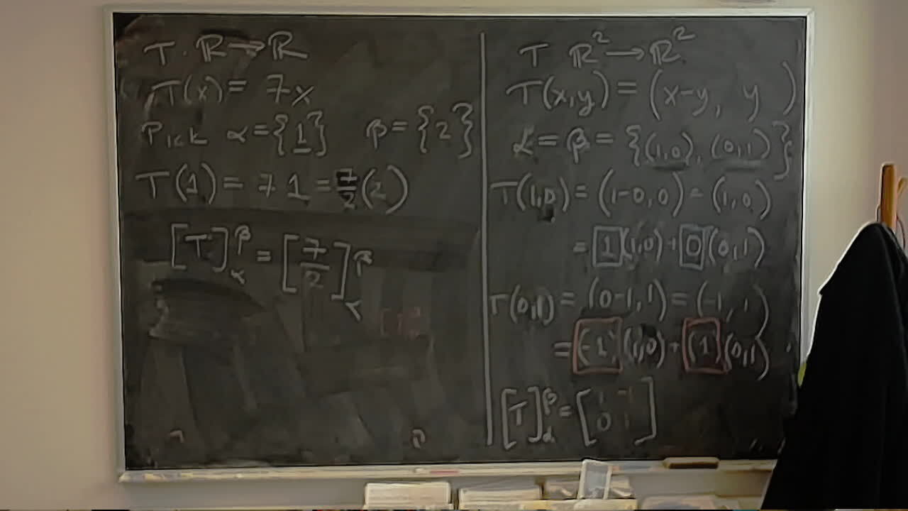 A photo of a whiteboard titled: A22: Colourful Basis of a Linear Transformation