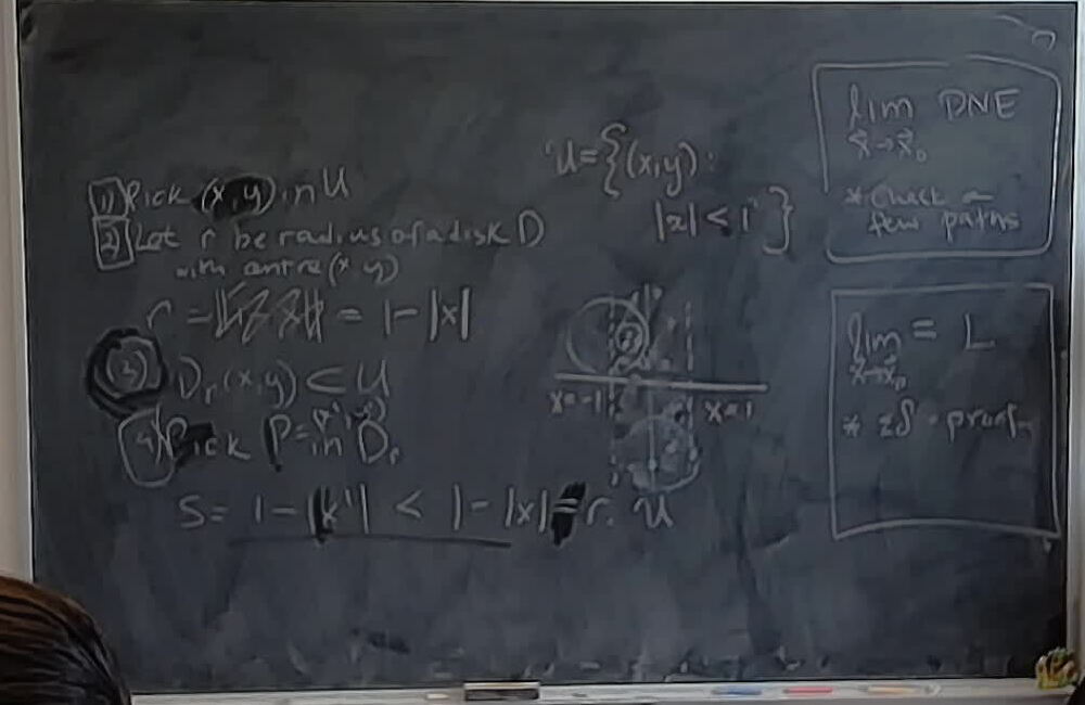 A photo of a whiteboard titled: Open Sets, Balls, and A Strip