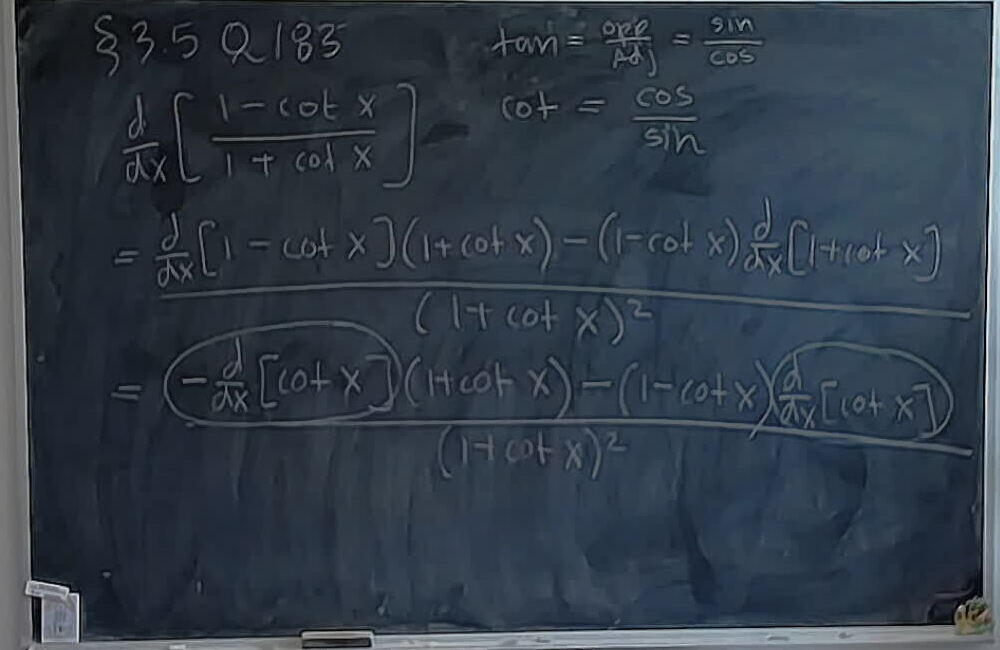 A photo of a whiteboard titled: S3.5 Q183: Quotient Rule