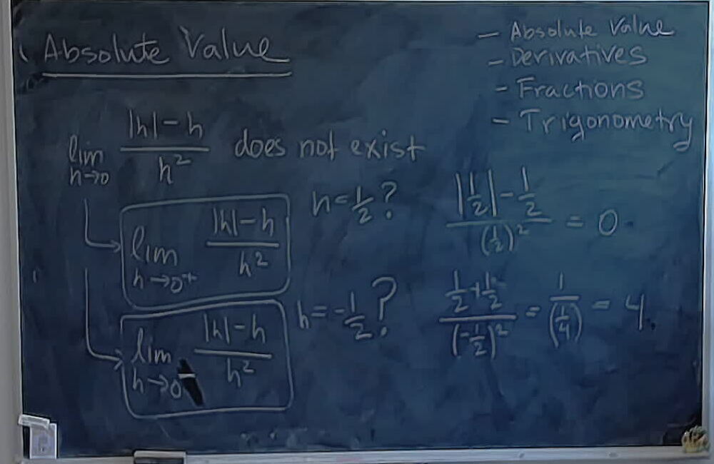 A photo of a whiteboard titled: Absolute Value: |x| by x (Part 2)