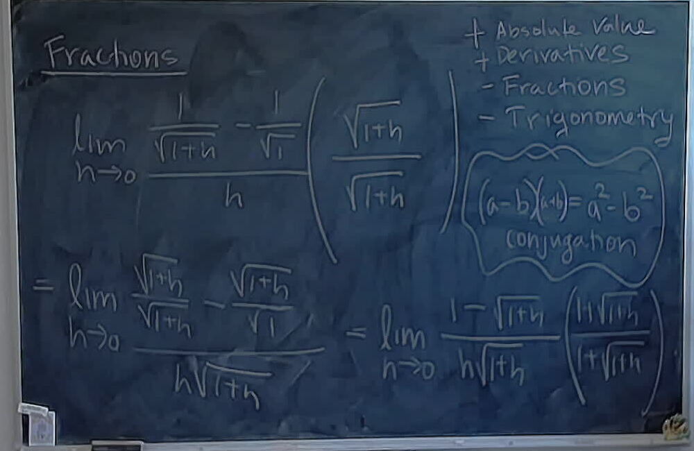 A photo of a whiteboard titled: Fractions and Derivatives