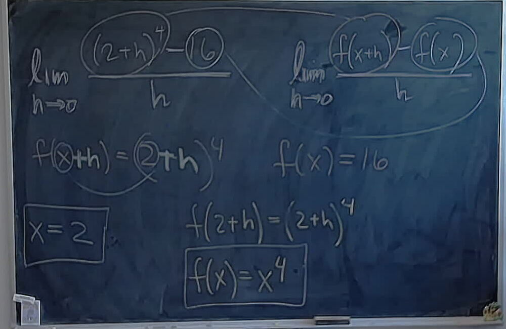 A photo of a whiteboard titled: Working Backwards from a Limit to a Derivative
