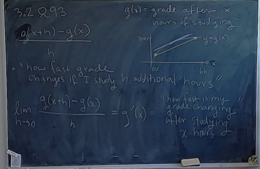 A photo of a whiteboard titled: OS 3.2 Q 93 Rate of Change of Grade as a Function of Studying