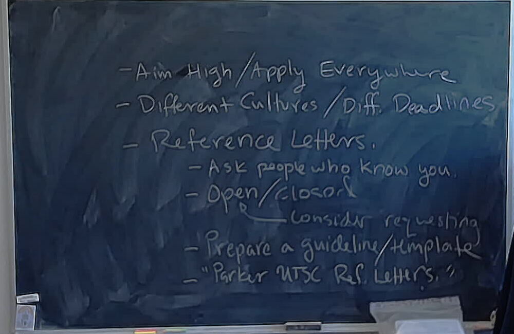 A photo of a whiteboard titled: Applying to Grad School (Part 1)