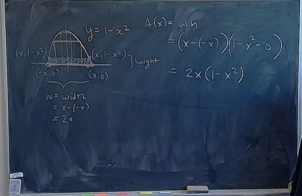 A photo of a whiteboard titled: Biggest Rectangle Under Parabola Part 1