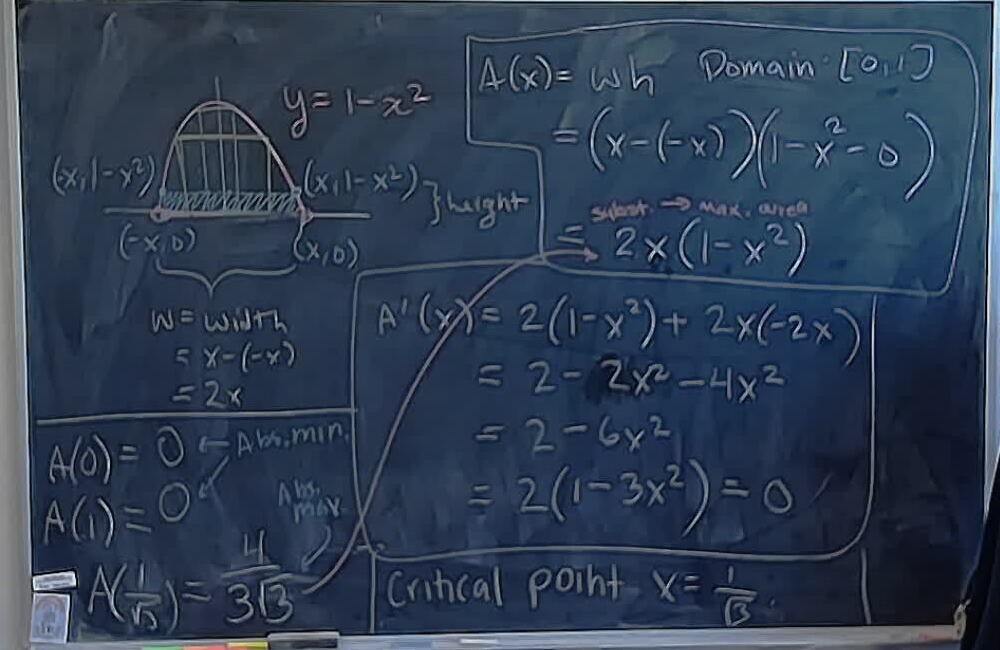 A photo of a whiteboard titled: Biggest Rectangle Under Parabola Part 2