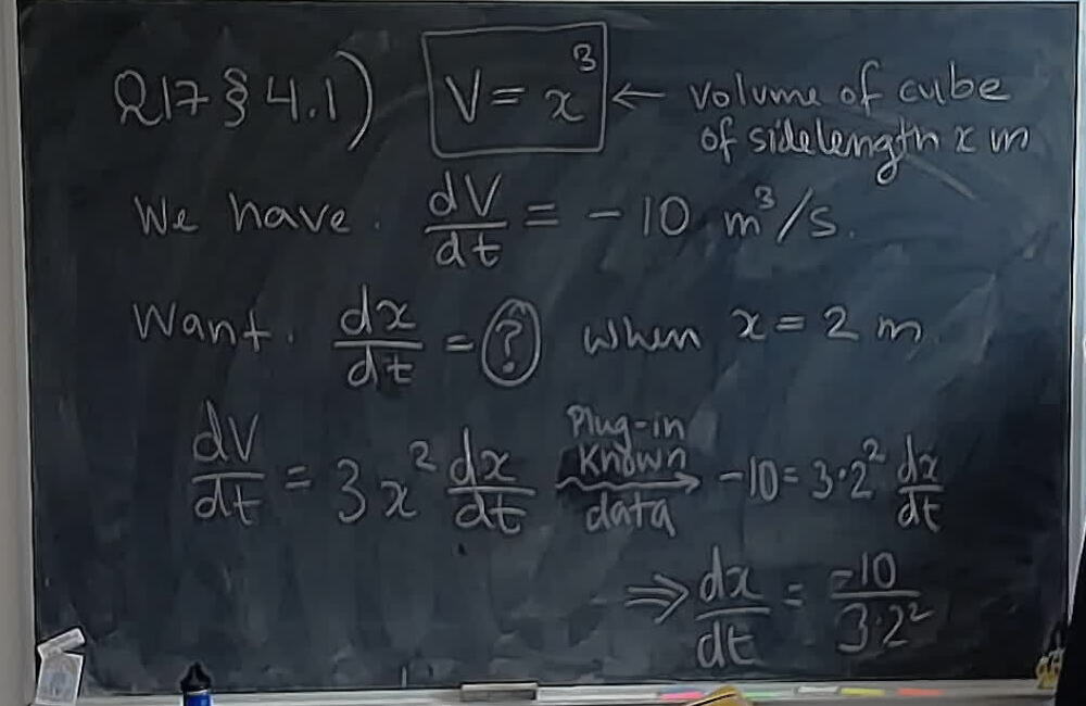 A photo of a whiteboard titled: Q17 S4.1 Related Rates: Cube