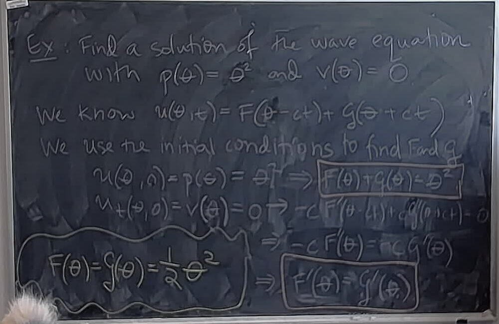 A photo of a whiteboard titled: Solution of Wave Equation with Particular Initial Confitions