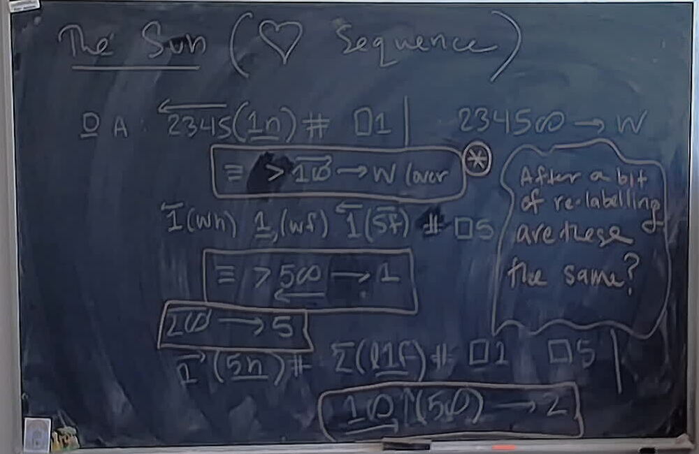 A photo of a whiteboard titled: The Sun Heart-Sequence Calculation