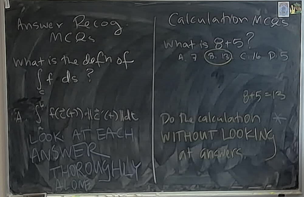 Multiple Choice Questions Strategies: Answer Recognition and Calculation A photo of a whiteboard titled: Multiple Choice Questions Strategies: Answer Recognition and Calculation