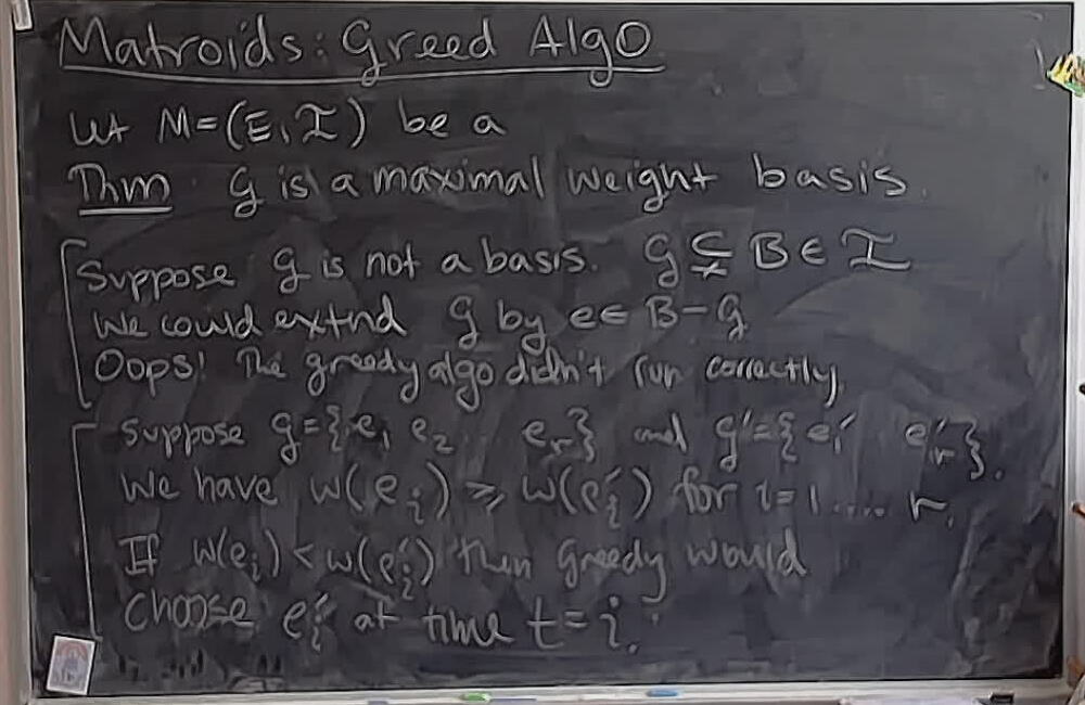 A photo of a whiteboard titled: Matroids: Greedy Algorithm (Part 2)