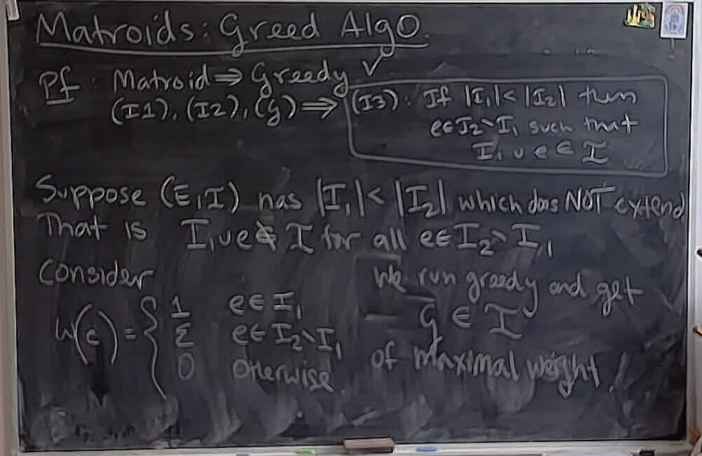 A photo of a whiteboard titled: Matroids: Greedy Algorithm (Part 4)