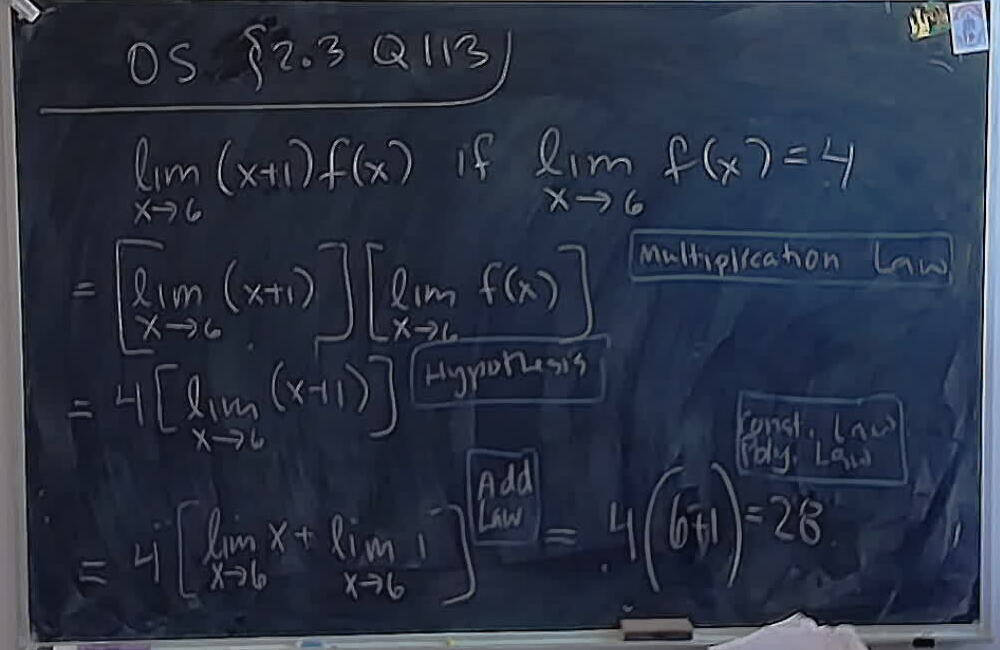 A photo of a whiteboard titled: OpenStax S2.3 Q113: Limit Laws