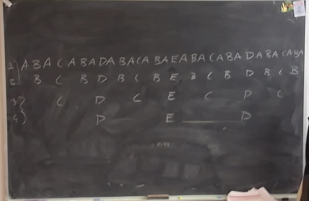 A photo of a whiteboard titled: ABACABA Structure: Hanoi and Self-Similarity