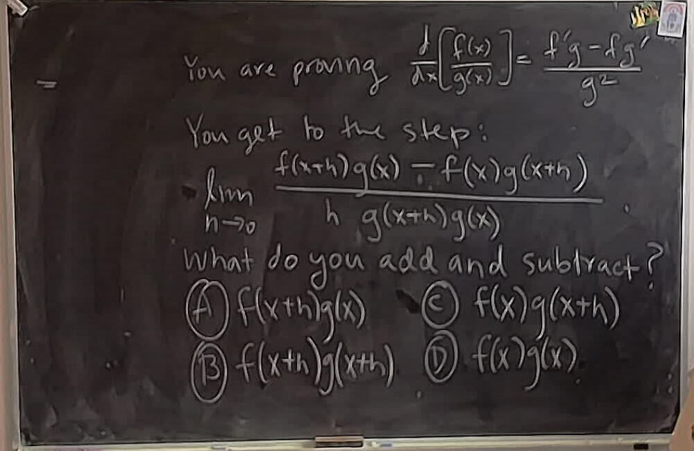 A photo of a whiteboard titled: Theoretical Term Test Question about Quotient Rule