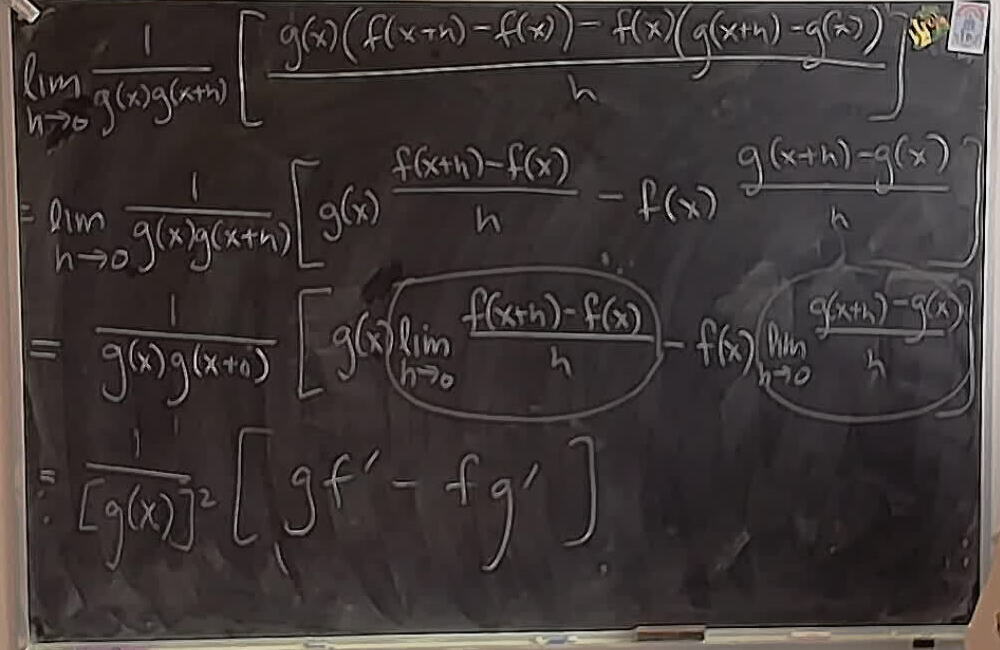 A photo of a whiteboard titled: The Quotient Rule Proof