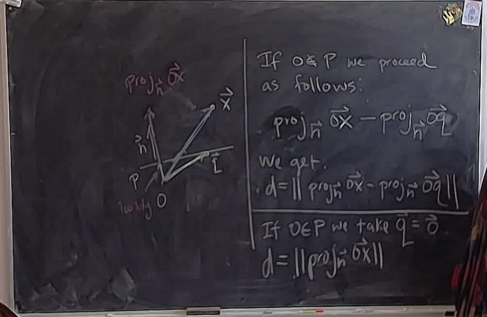 A photo of a whiteboard titled: Distance from Point to Plane