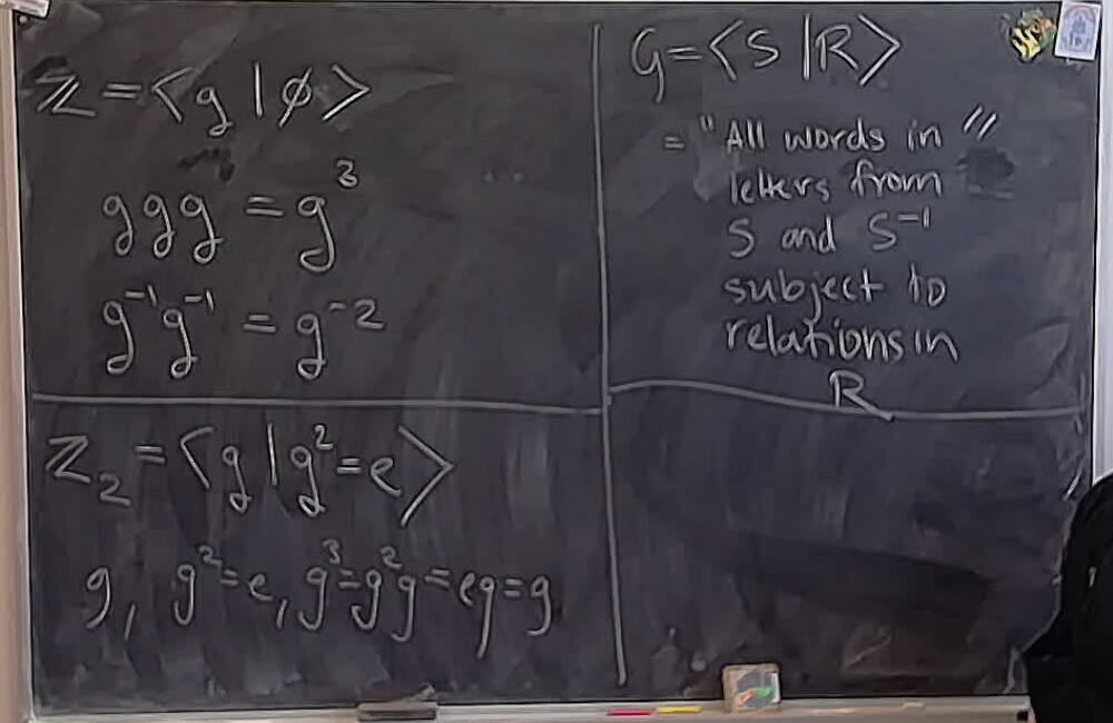 A photo of a whiteboard titled: Groups via Generators and Relations